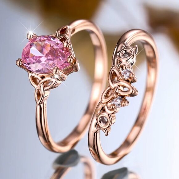 NEW 14k Rose Gold Pink Sapphire Pear Cut Diamond Ring Set of 2 Rings - Picture 3 of 4